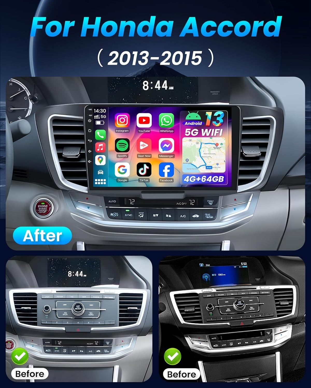 For 2013-2015 Honda Accord CarPlay Android 13 Car Radio Stereo Head Unit RDS