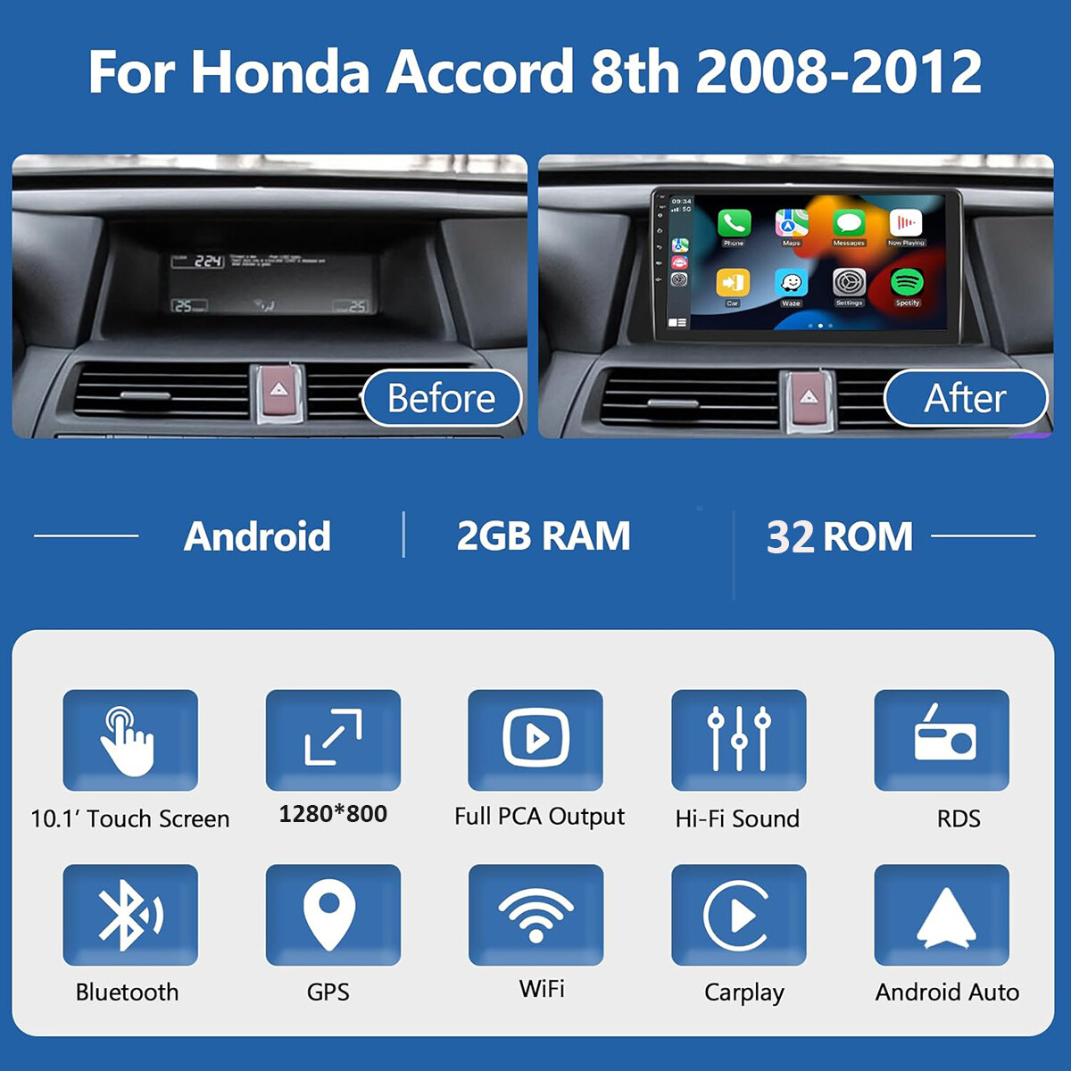 FOR HONDA ACCORD 2008-2012 ANDROID AUTO APPLE CARPLAY CAR STEREO GPS NAVI RADIO