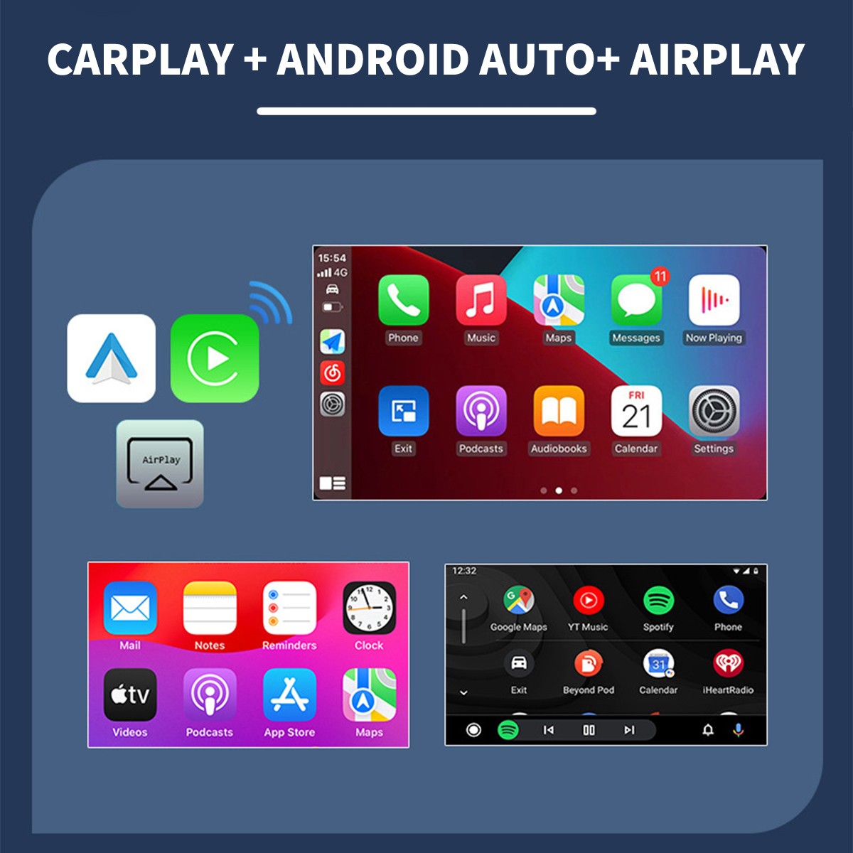 4-in-1 Wireless Adapter for Apple CarPlay Android Auto AirPlay MirrorLink A+