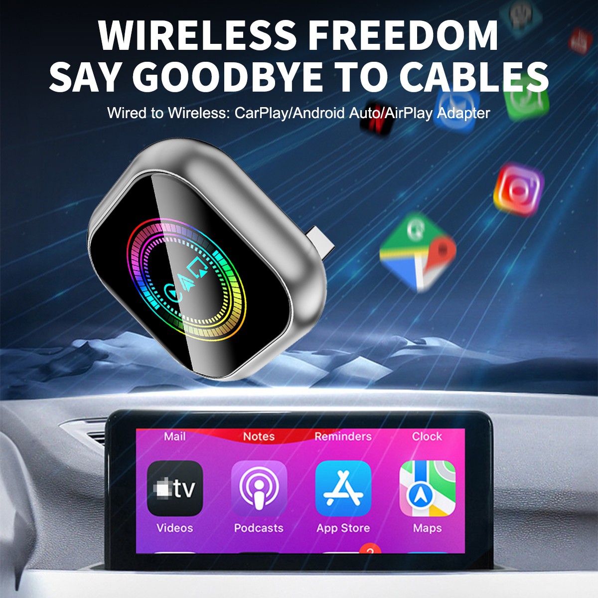 4-IN-1 Wired to Wireless CarPlay Adapter for Apple iPhone/Android Auto/Airplay