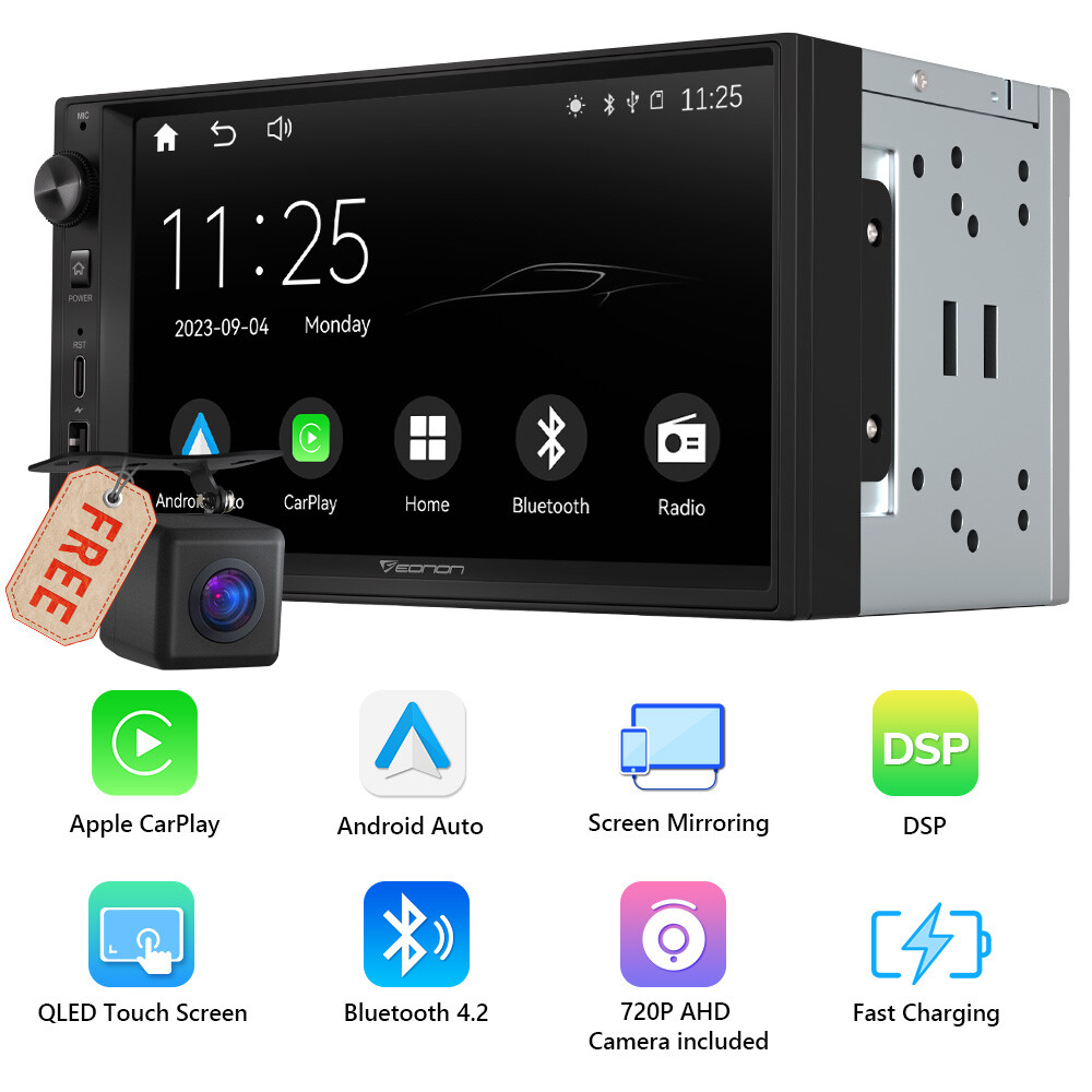 CAM+Double Din In Dash Car Play Stereo Android Auto CarPlay 7″ QLED GPS Navi DSP