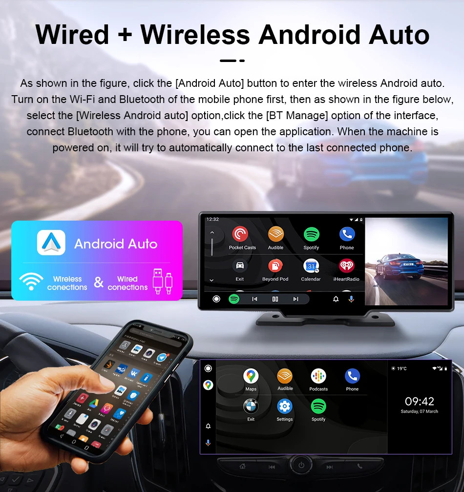 Jansite New 10.26” 4K Dashcam Wireless CarPlay Rearview Dual Lens DVR WiFi GPS