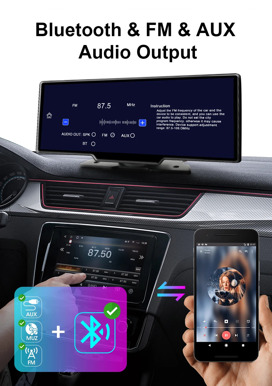 Jansite New 10.26” 4K Dashcam Wireless CarPlay Rearview Dual Lens DVR WiFi GPS