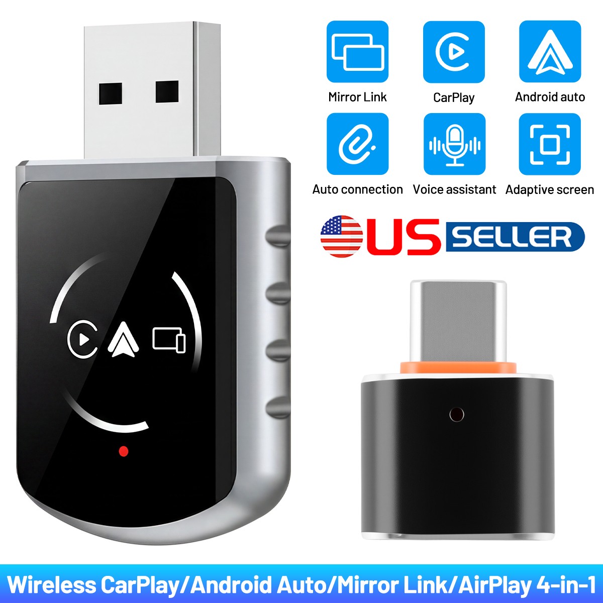 4 in 1 Wireless CarPlay Android Auto Adapter 5GHz WiFi USB & Type-C Plug & Play