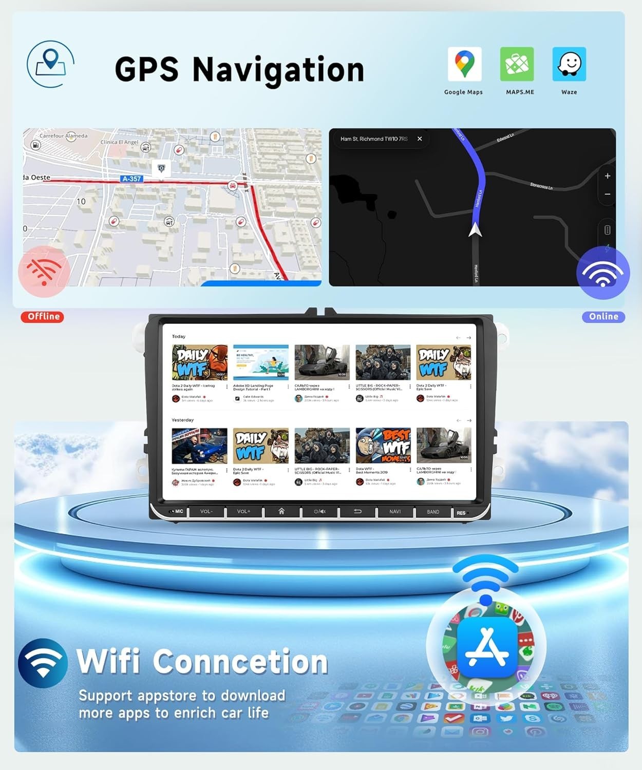 VW Passat Jetta Tiguan 8-Core Car Radio: Wireless CarPlay, GPS, HD Rear Camera