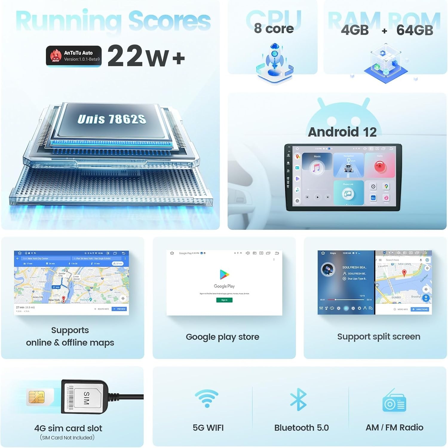 Roadanvi 12.3″ Car Stereo for Toyota RAV4 2019-2022 CarPlay Android Auto WiFi BT