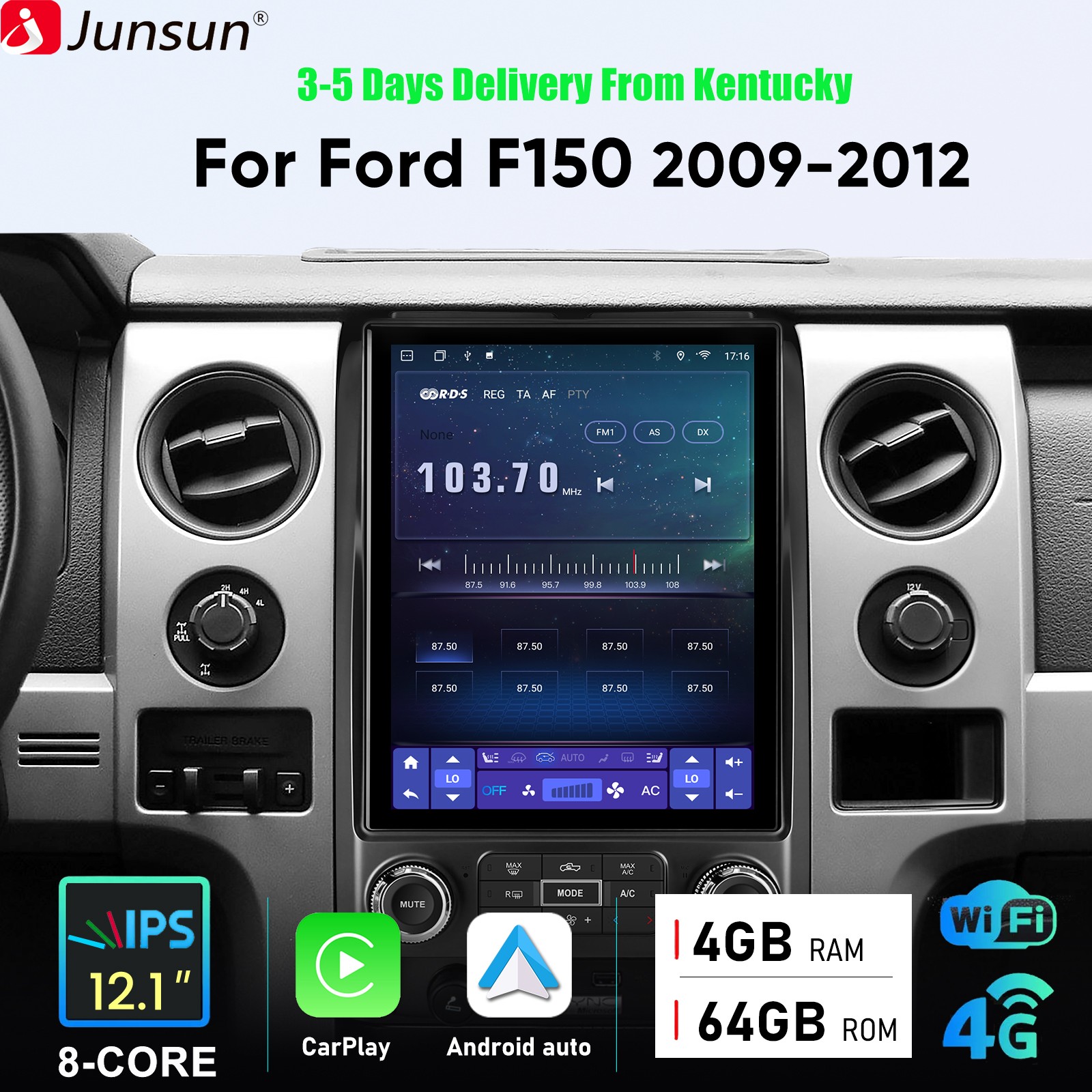 For Ford F150 2009-2012 4G CarPlay 4+64GB Android15 12.1“Car Radio GPS Navi WIFI
