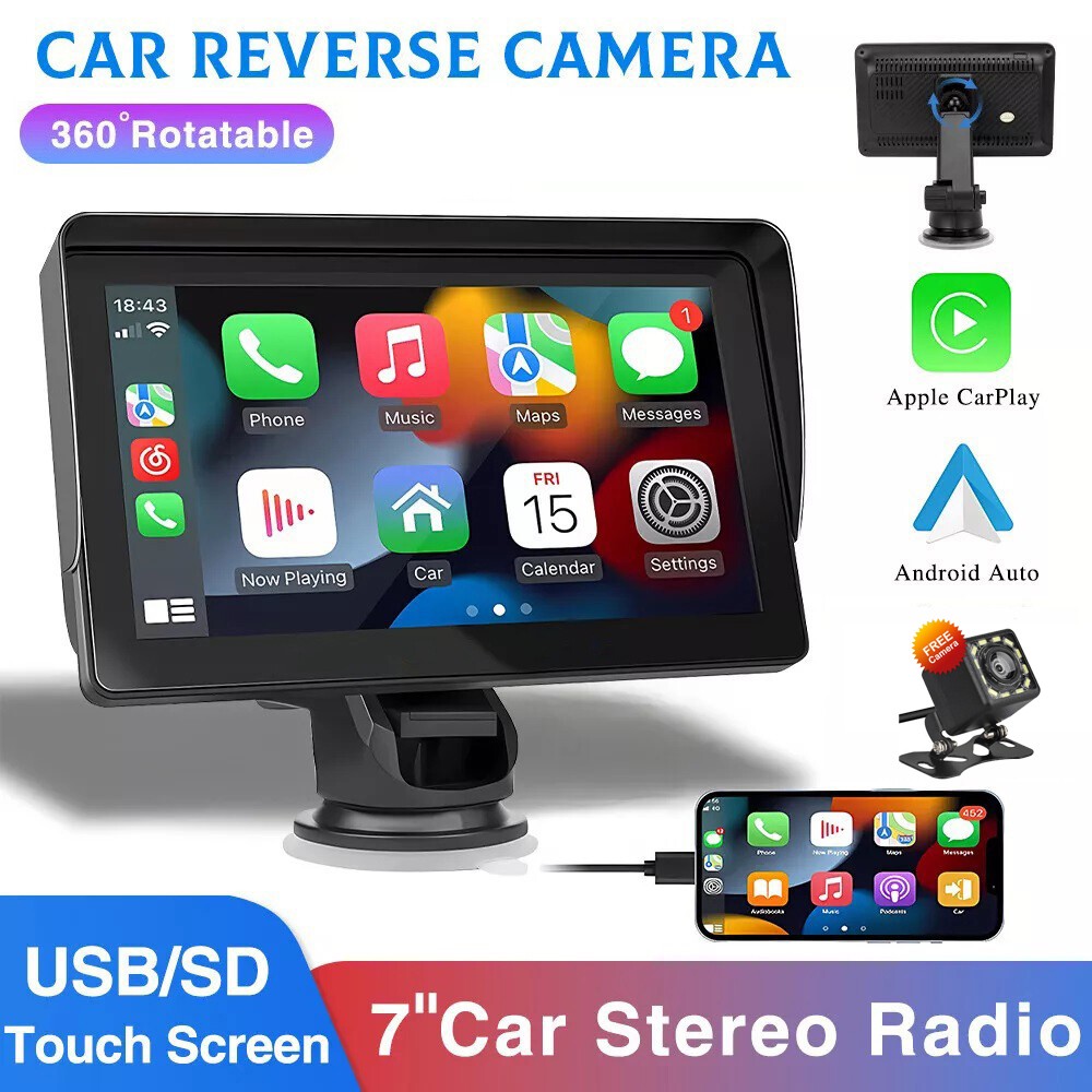 7″ Portable Car Stereo Radio Wireless Apple CarPlay Android Auto Touch Screen