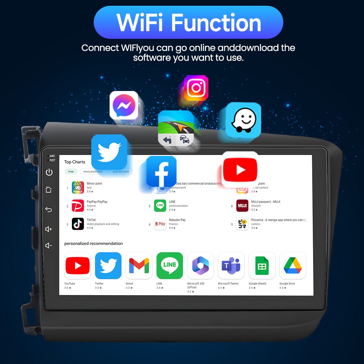 For Honda Civic 2012 Android 13 Car Stereo Radio GPS Apple CarPlay 4+64GB wifi
