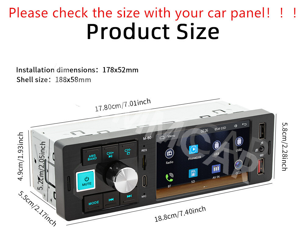 Single Din Car Stereo Radio 4.1in Touch Screen For CarPlay Android Auto BT AUX