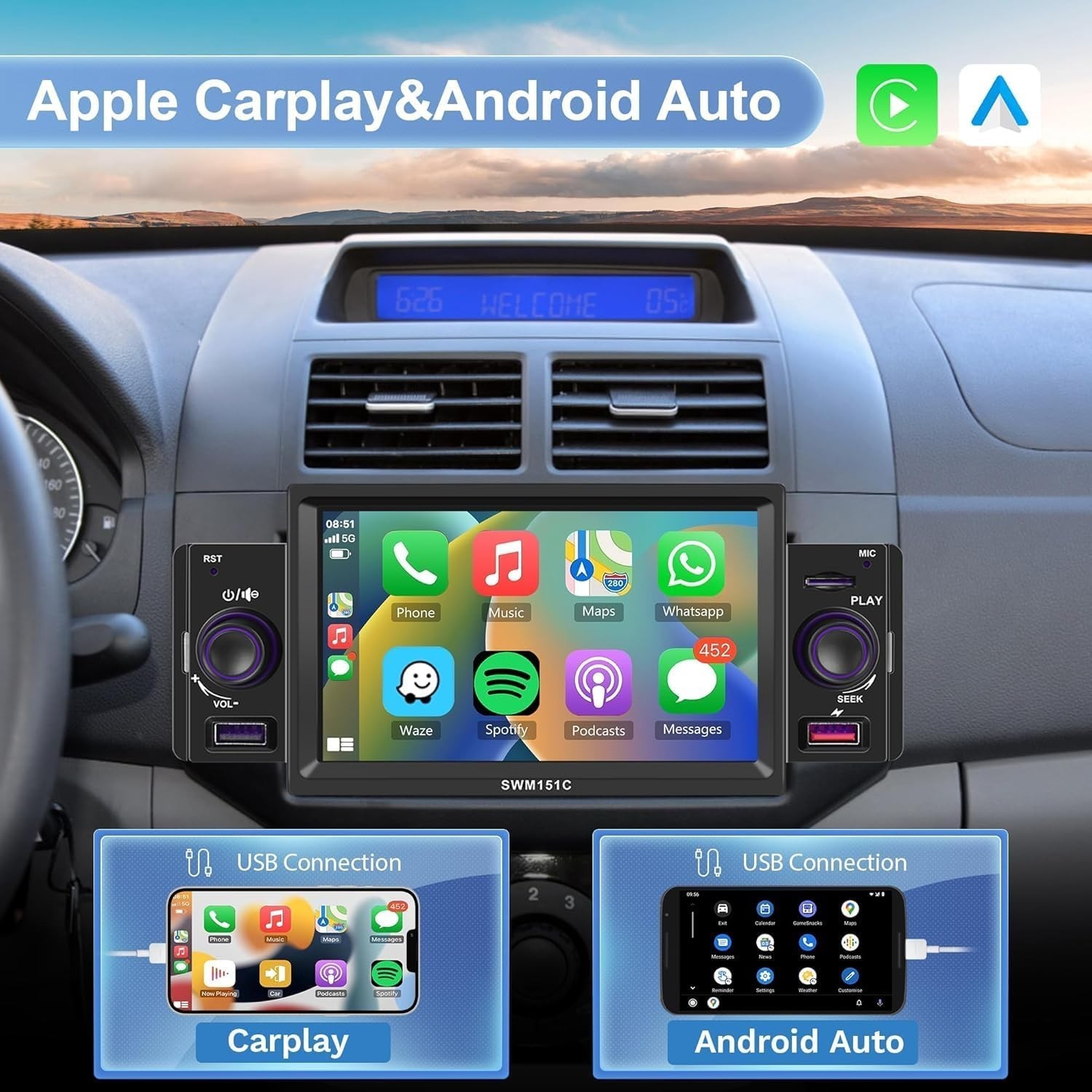 Single Din 5 inch Wired CarPlay Android Auto Car Stereo Touchscreen Bluetooth