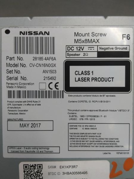 Audio Equipment Radio Receiver Am-fm-stereo Fits 17-19 SENTRA 729668