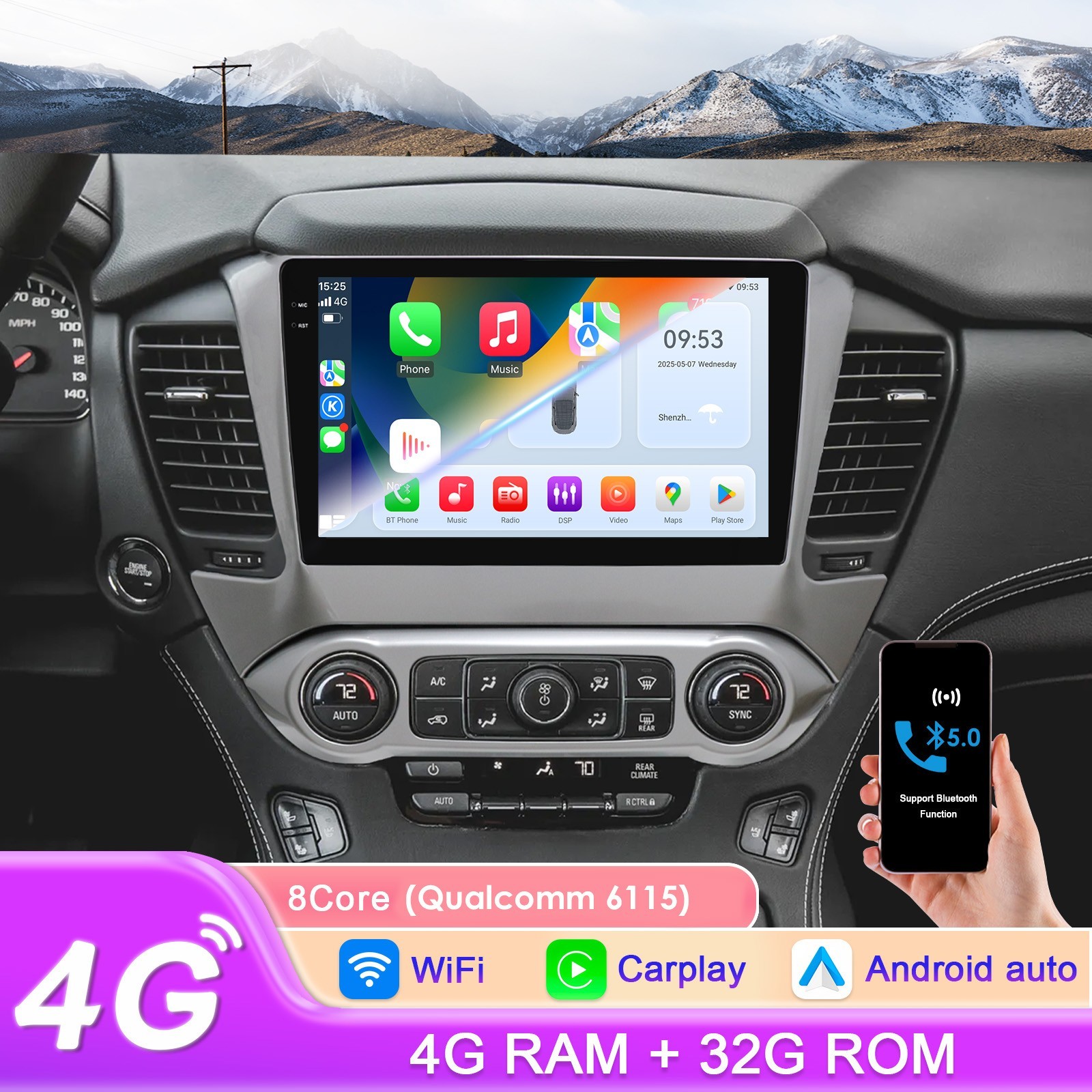 Car Stereo Radio 8Core For GMC Chevrolet Tahoe 15-19 Carplay Android 14 WiFi GPS