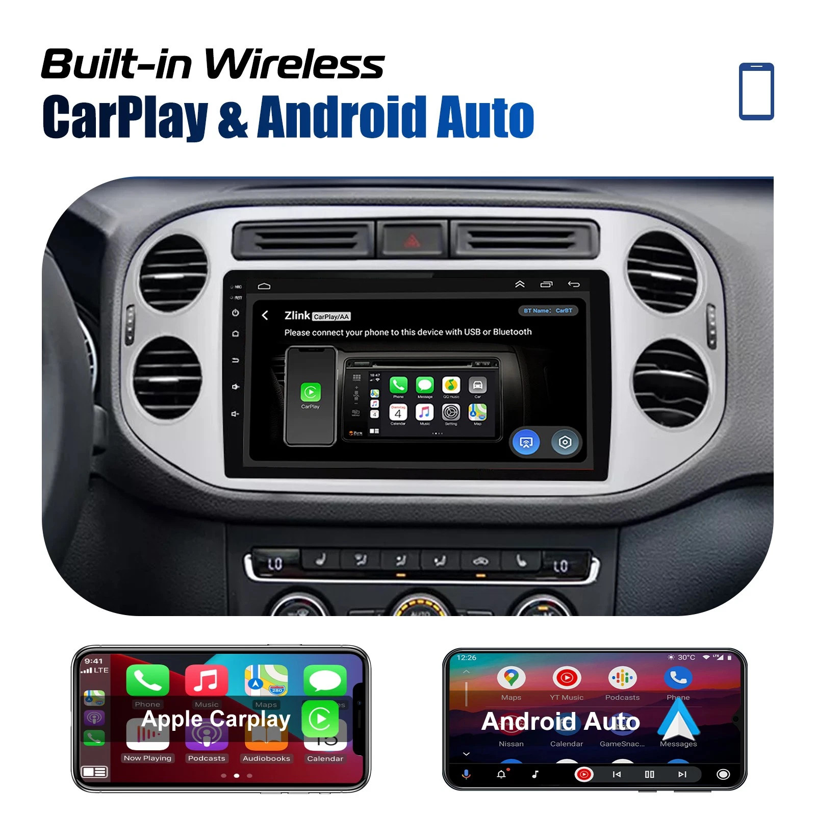 For VW Tiguan 2009-2017 Car Stereo Apple CarPlay Android 15 Radio GPS Navi + Cam