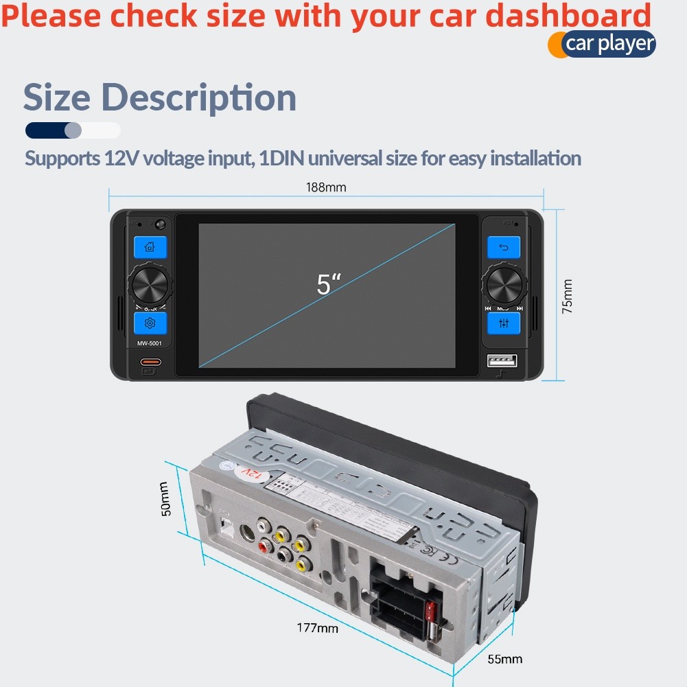 5in Car Stereo Radio Player Touch Screen Bluetooth FM RDS For Wireless Carplay
