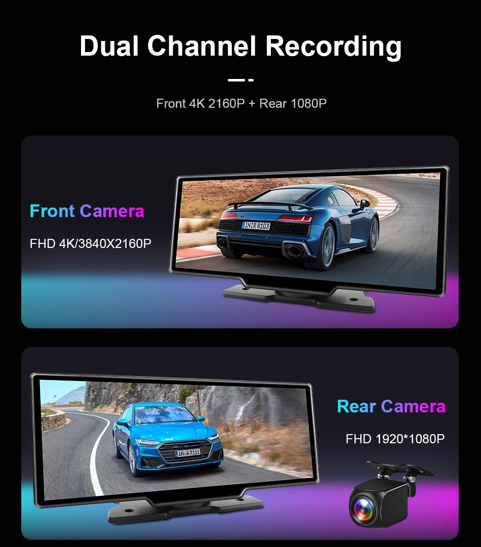 Jansite New 10.26” 4K Dashcam Wireless CarPlay Rearview Dual Lens DVR WiFi GPS