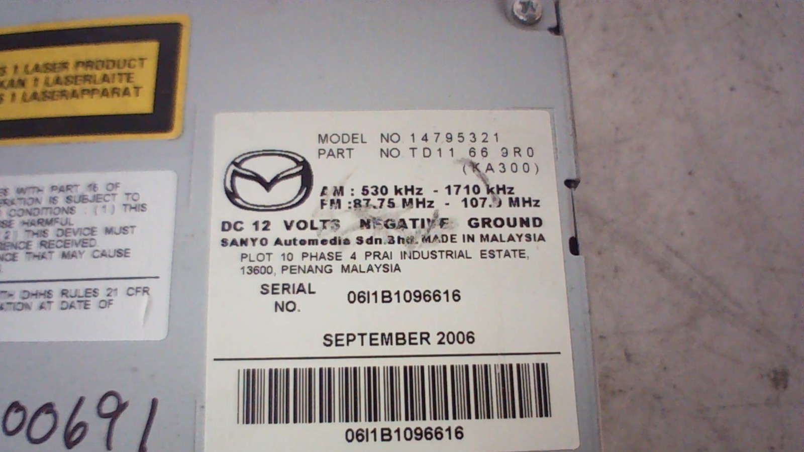 2007 Mazda CX9 CX-9 Radio 6-Disc CD Player AM/FM Receiver 14795321 OEM