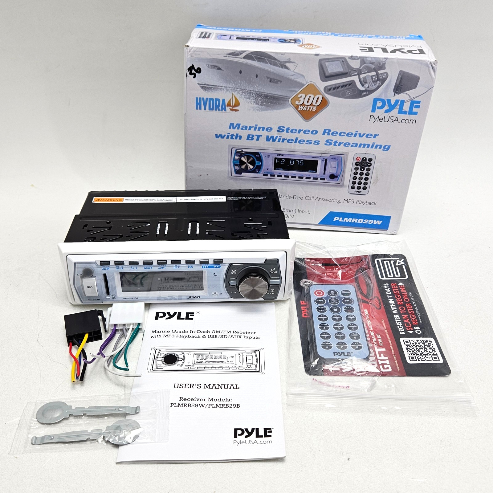 Pyle PLMRB29W Marine Single DIN In-Dash Stereo AM/FM Bluetooth Blue & White