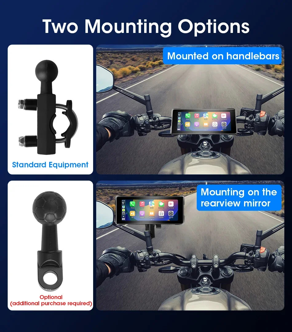 Motorcycle DVR IPX7 Waterproof Wireless Carplay Android Auto Display IPS Screen