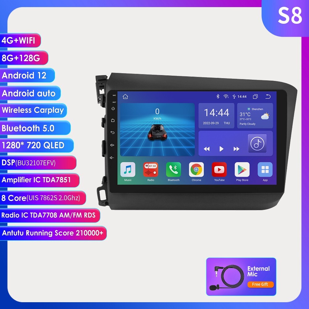 9″ For Honda Civic 2012-2015 Car Carplay Radio GPS DSP WiFi Head Unit 8GB+128GB