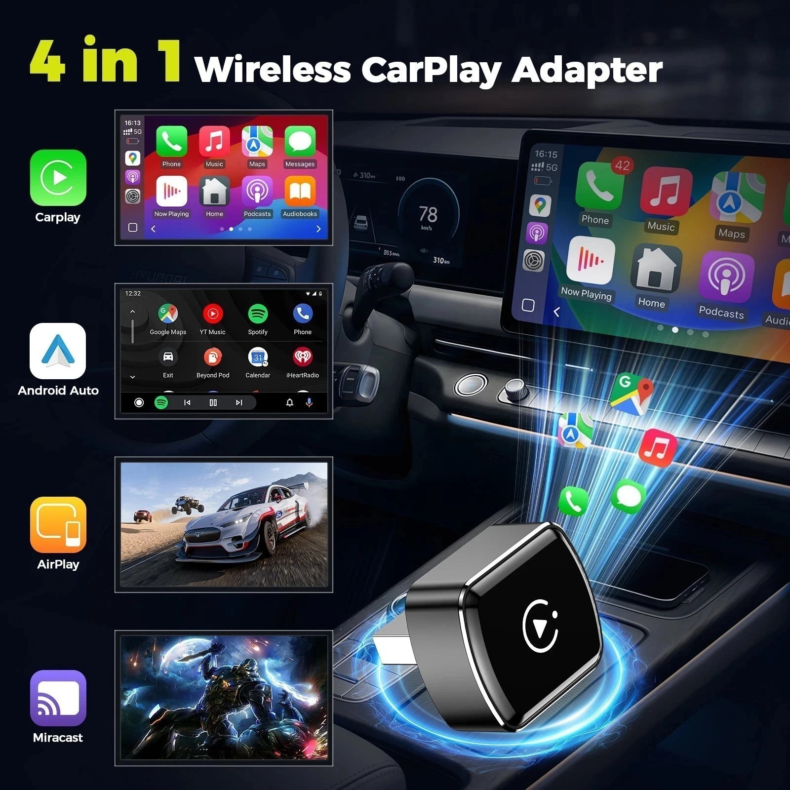 Wireless Carplay Android Auto Adapter USB Car Dongle Connect Box 4 in 1 Mini Box