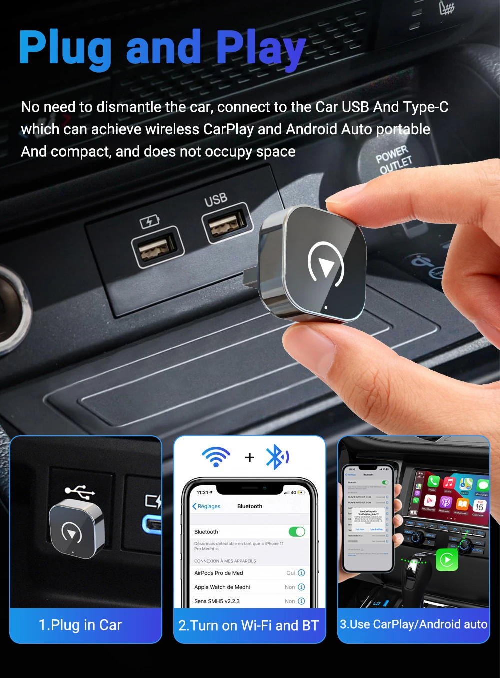 USB Auto Wireless CarPlay Adapter For iPhone Apple Wireless Dongle Plug ＆ Play