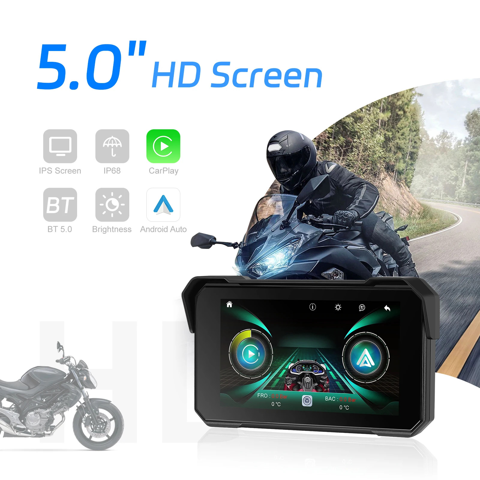 Podofo 5 ” IPS Screen Wireless Carplay Monitor for Motorcycle GPS Navigation…