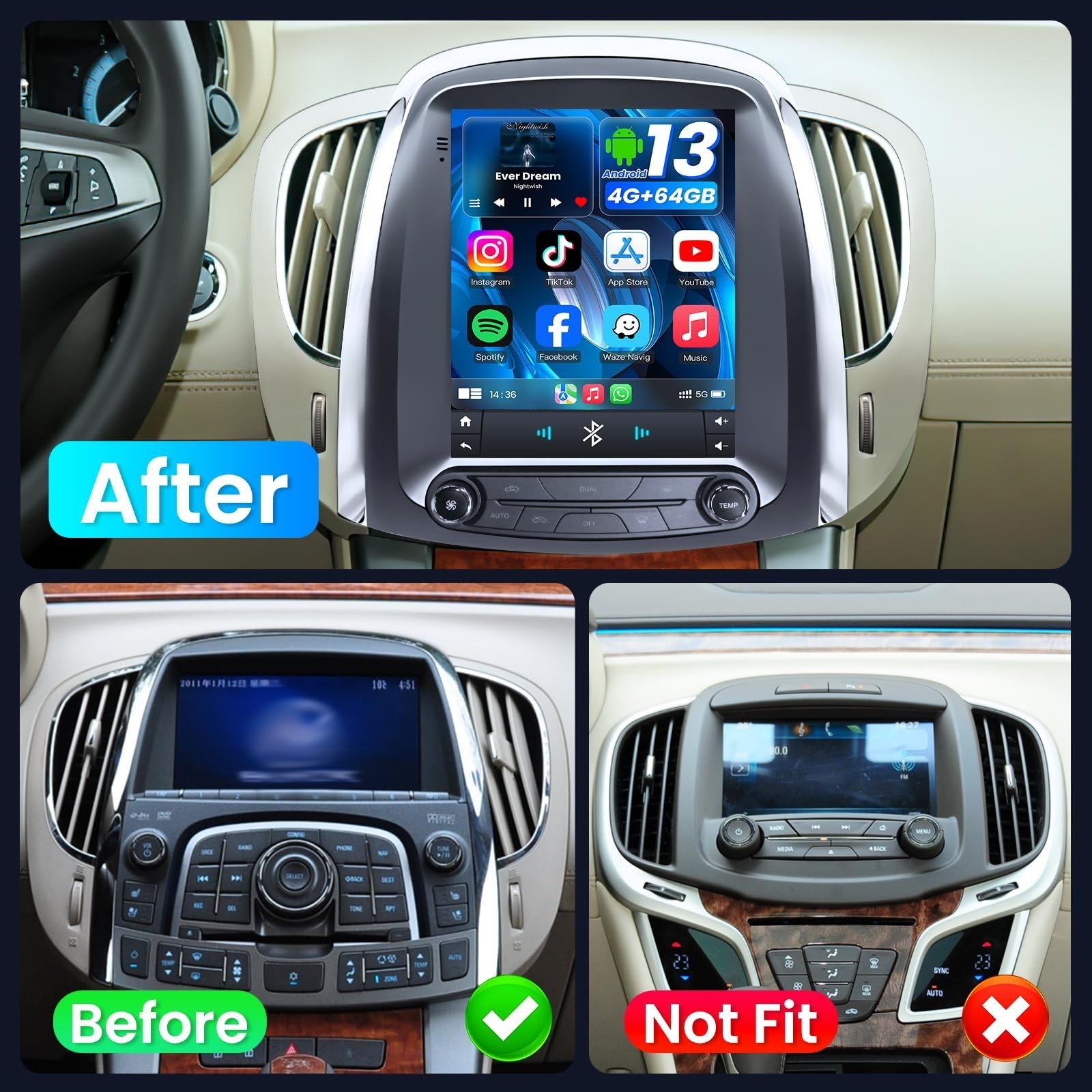 9.7″ 4+64G Car Radio Carplay for 2010-2013 Buick Lacrosse Stereo Auto SWC Navi