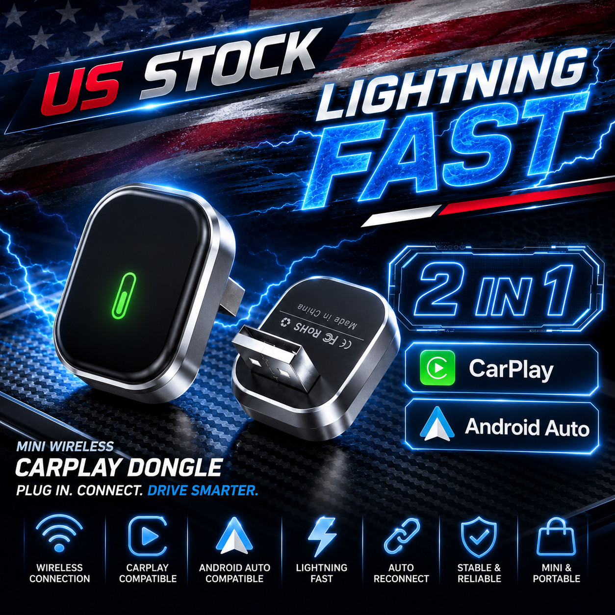2 in 1 Wireless CarPlay Android Auto Adapter USB Plug & Play for iPhone Android