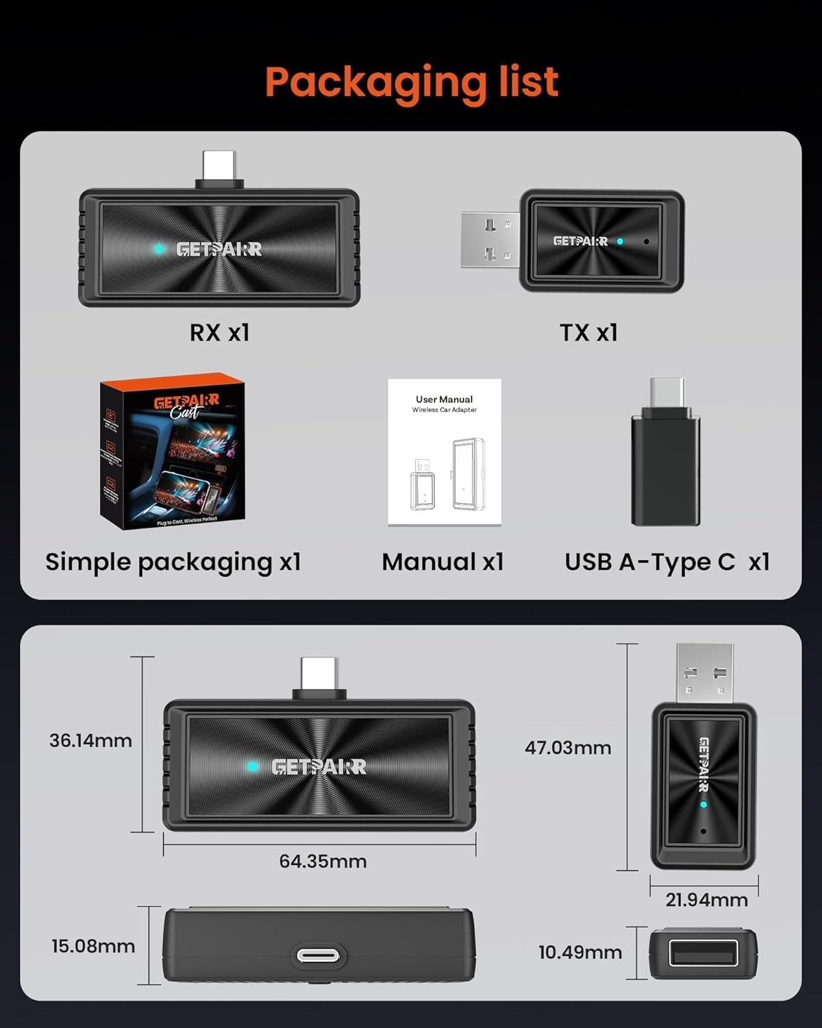 GetPairr Cast Wireless Screen Mirroring & CarPlay Adapter WiFi 6 Bluetooth 5.4