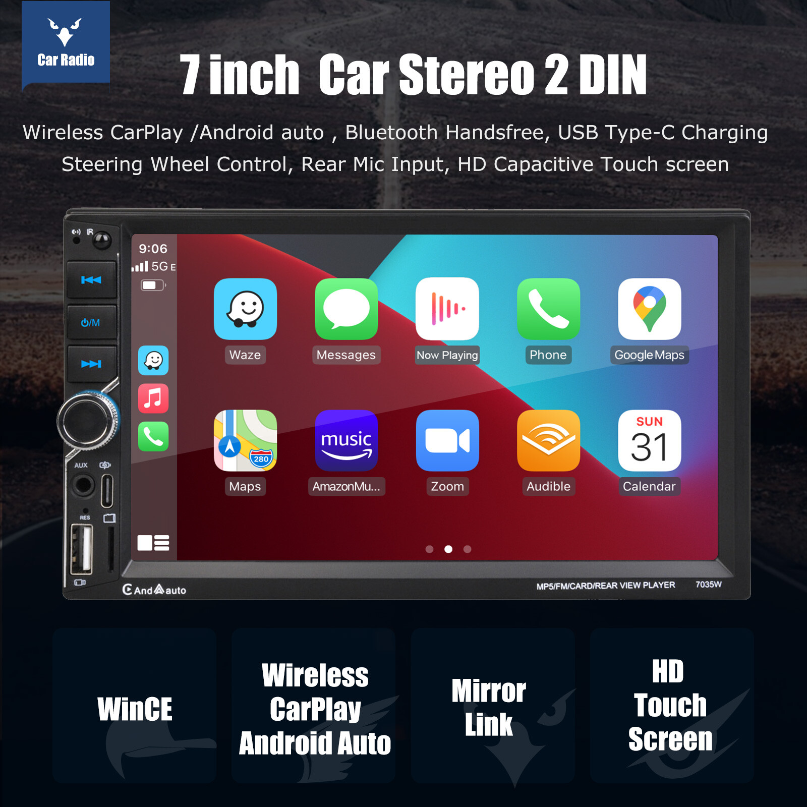 2 DIN Car Stereo Player Wireless Carplay Bluetooth 7″ Touch Screen FM USB TF AUX