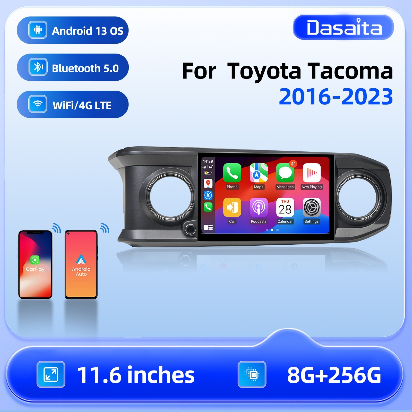 Dasaita Car Stereo for Toyota Tacoma 2016-2023 CarPlay WiFi GPS Navigation Gray