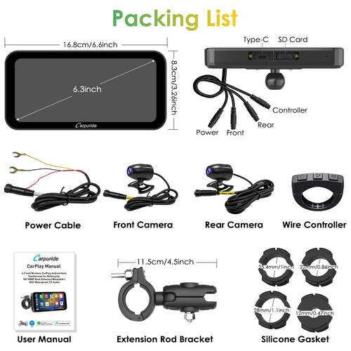 Carpuride W603 Wireless Carplay Android Auto Moto Stereo W/HD 1080P Dual Cameras