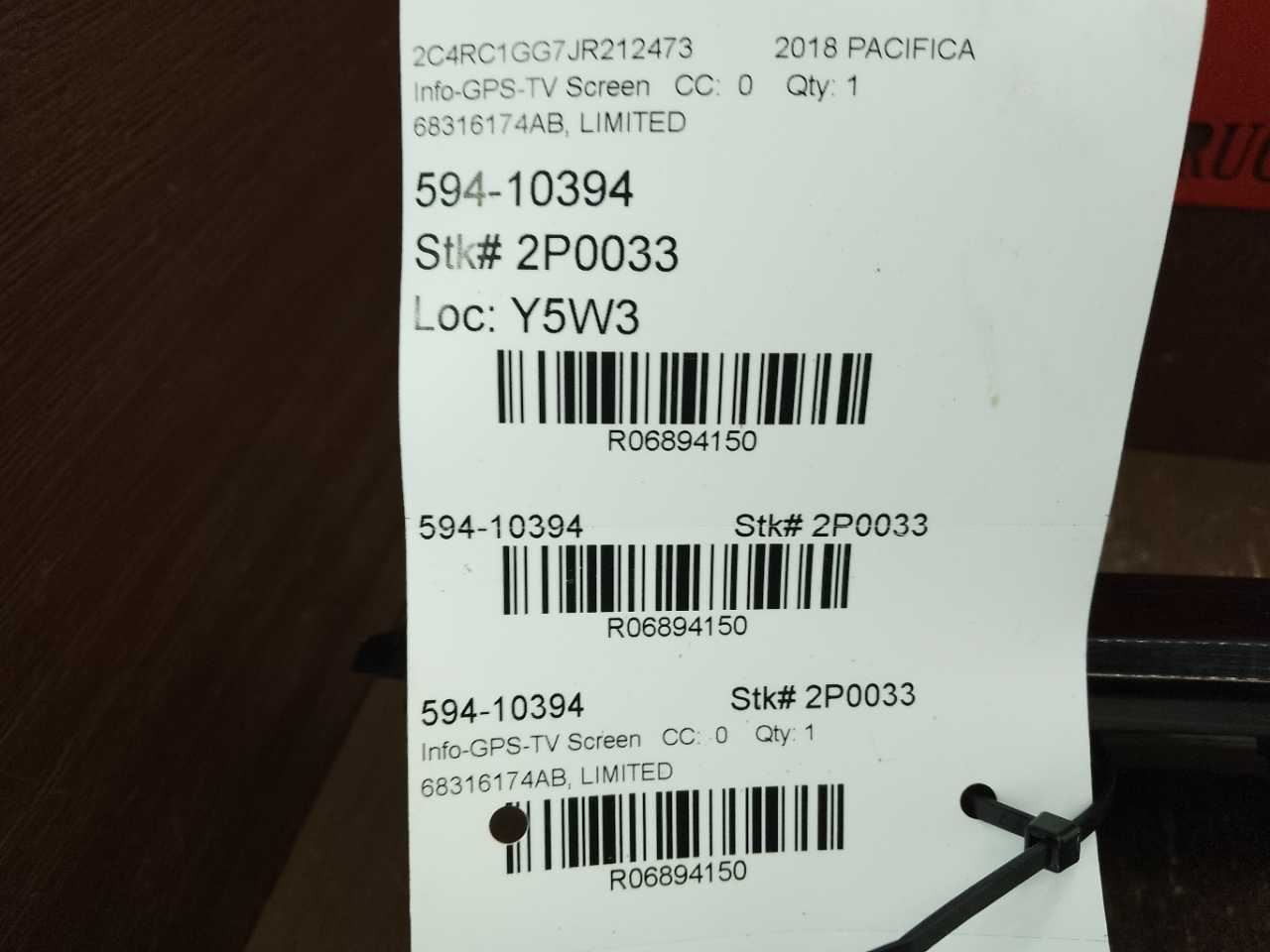 2018-2020 CHRYSLER PACIFICA RADIO DASH DISPLAY SCREEN RECEIVER PLANEL 68316174AB