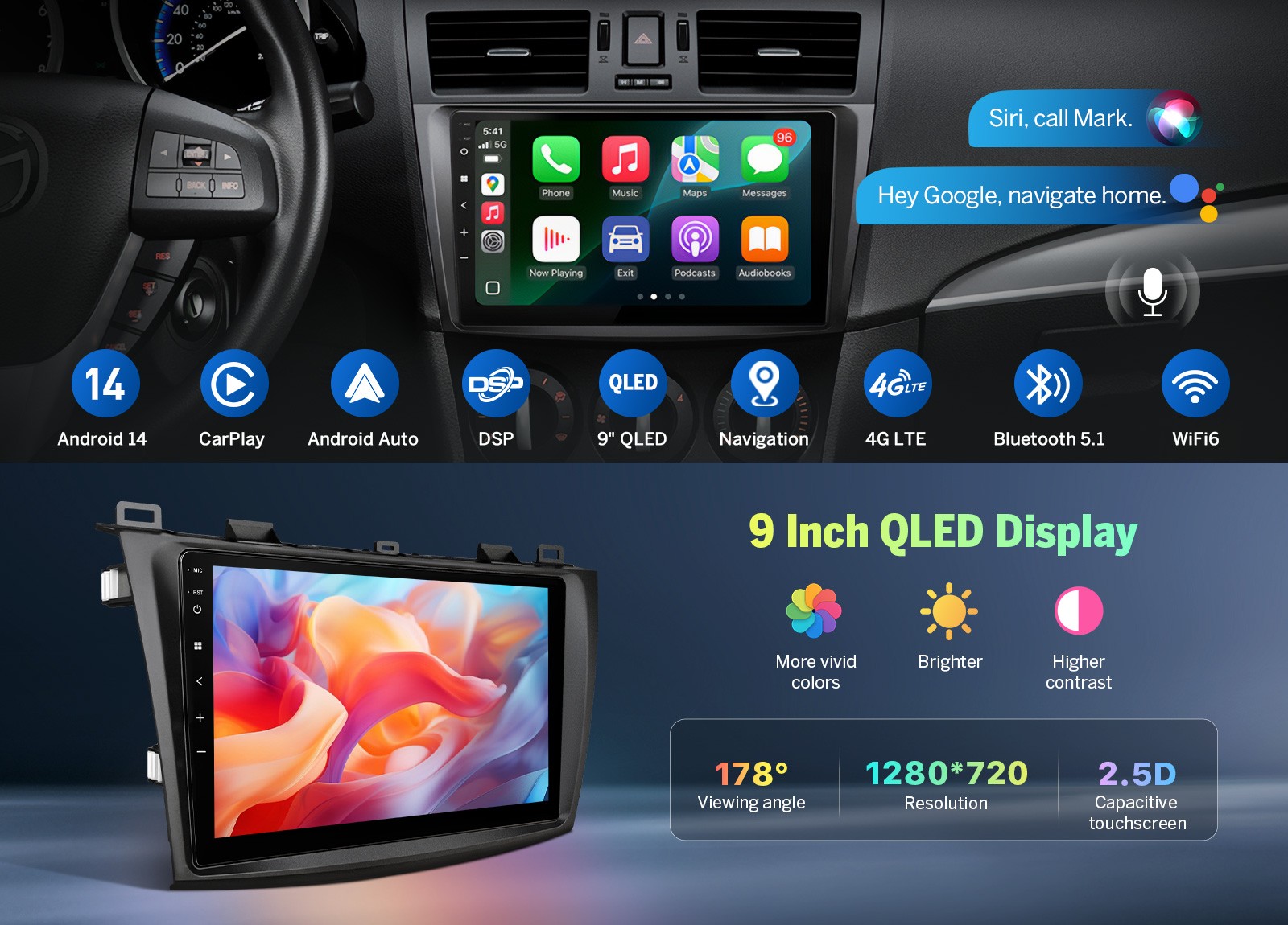 For Mazda 3 Mazda3 2010-2013 9″ QLED 6+64 Android 14 Car Stereo Carplay Headunit