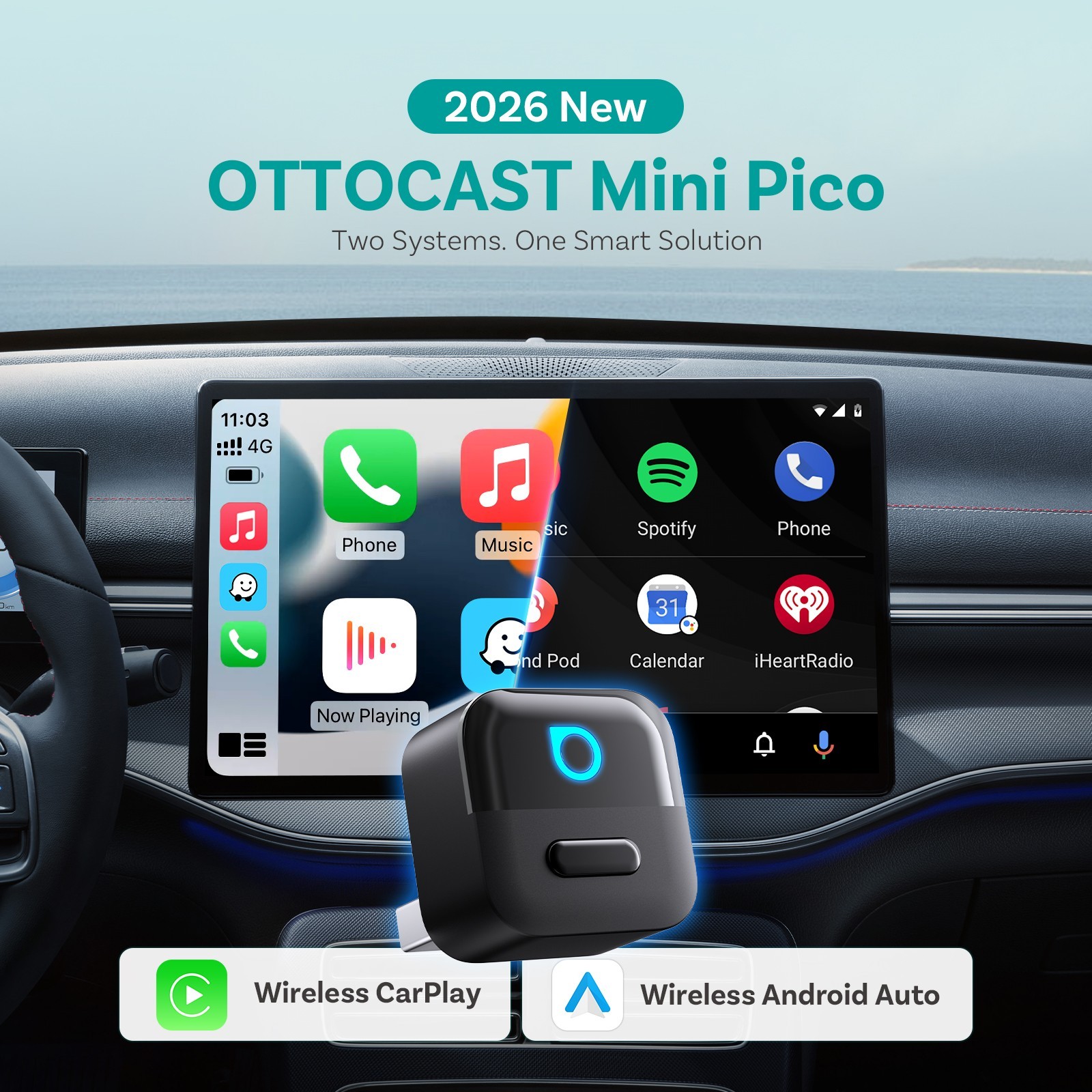 Wireless CarPlay Adapter for iPhone & Android Auto, Ottocast Mini Pico, USB 2026