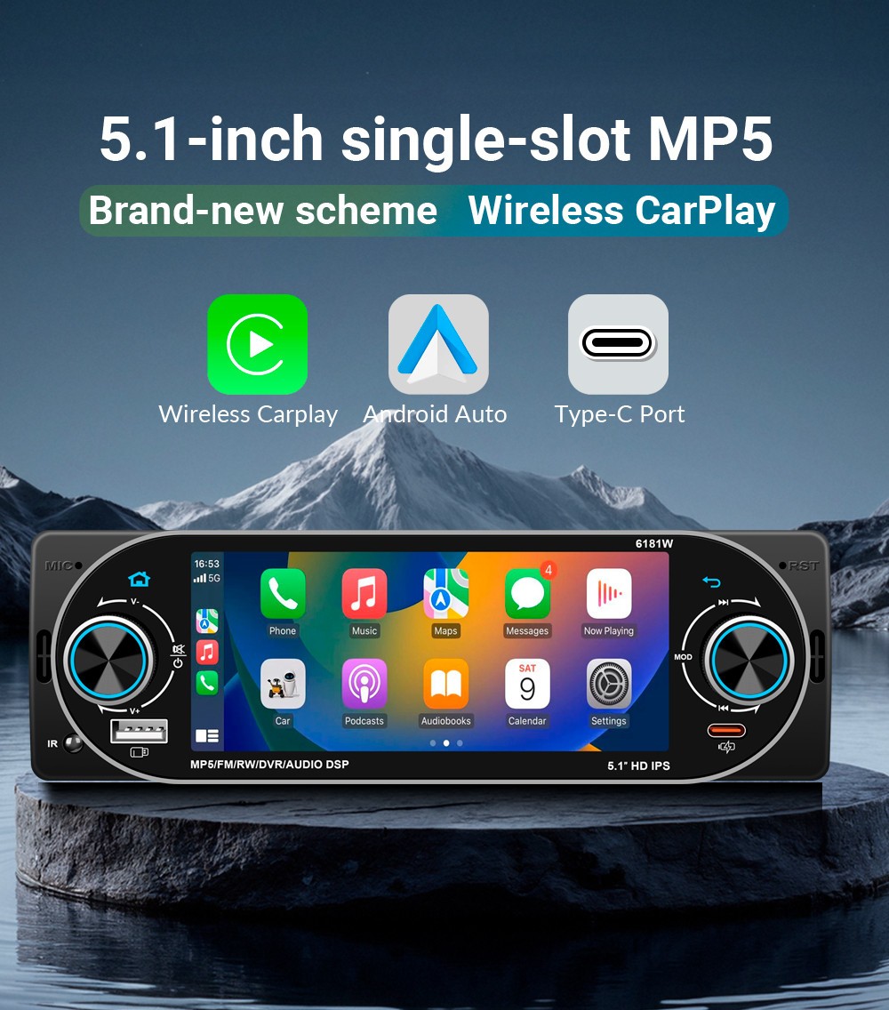 5.1in 1DIN Touch Screen Car MP5 Player USB Type-C FM For Carplay Android Auto