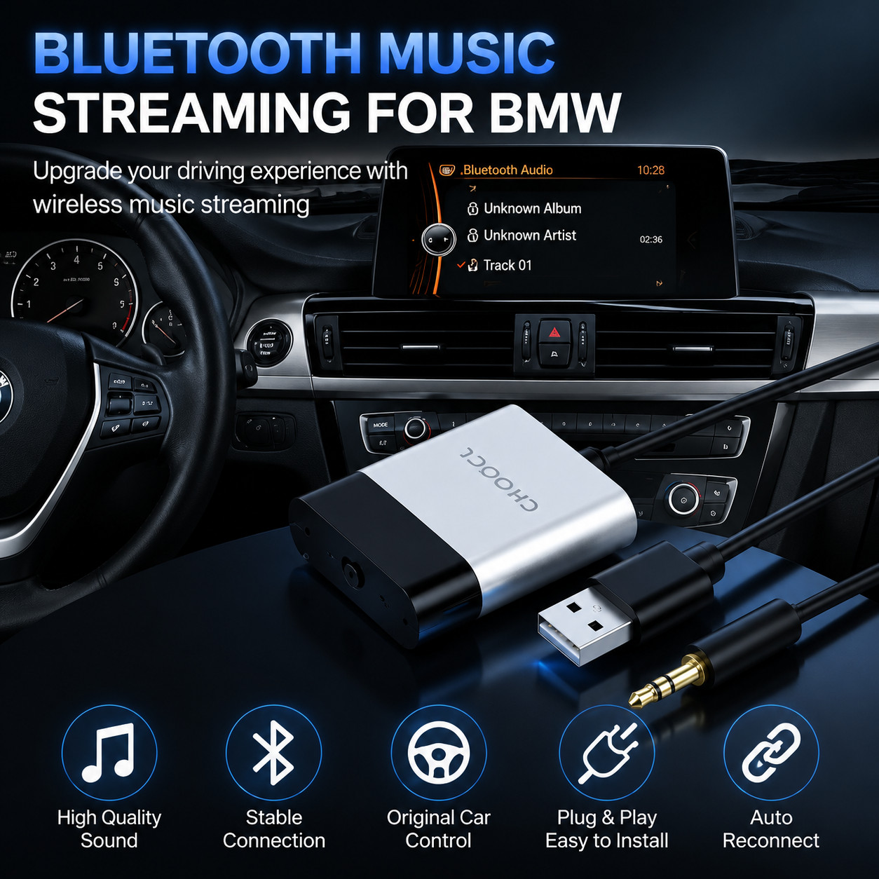 Bluetooth 5.0 Adapter for BMW CCC CIC USB AUX Y Cable aptX HD Music Receiver