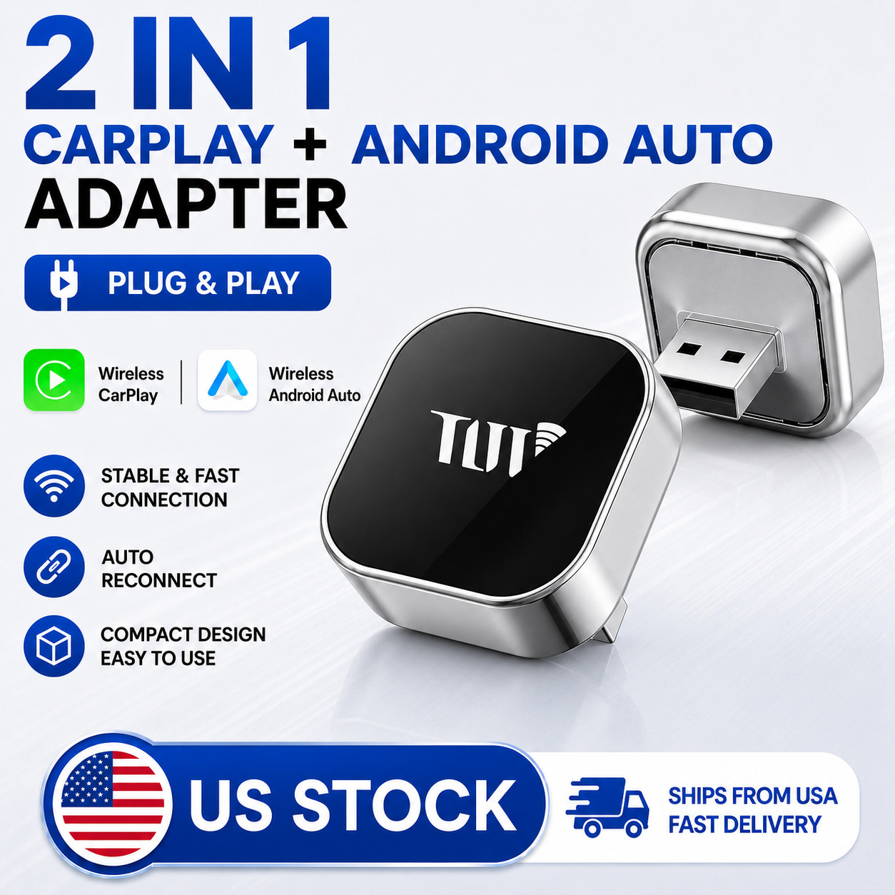 2 in 1 Car Android Auto Wireless Adapter & Wireless CarPlay Adapter Plug & Play