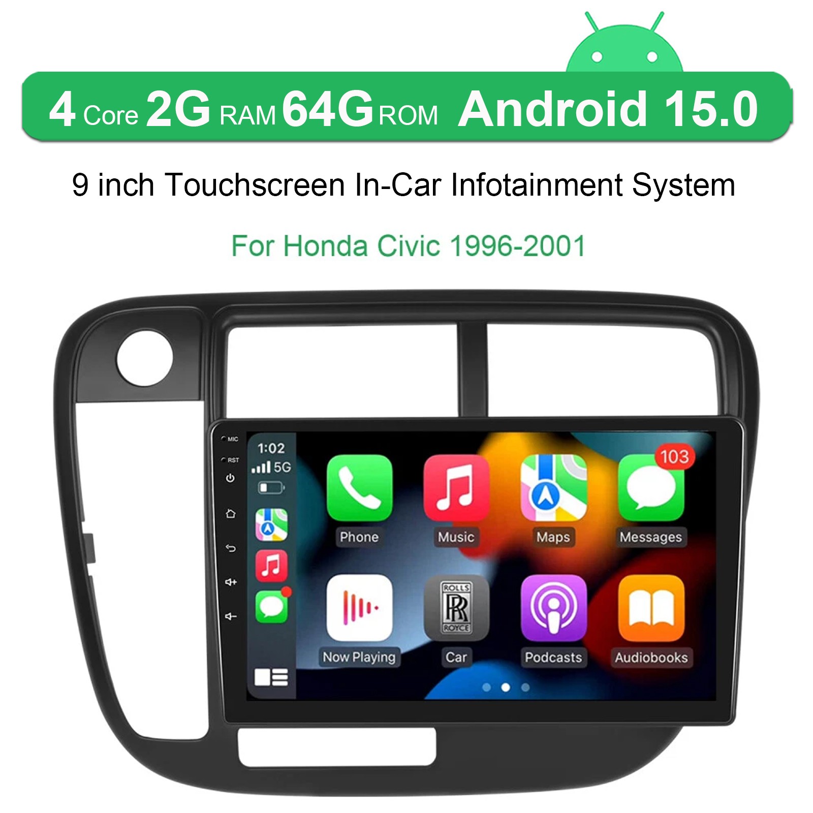 APPLE CARPLAY ANDROID 15.0 FOR 1996-2001 HONDA CIVIC GPS CAR STEREO RADIO 2+64GB