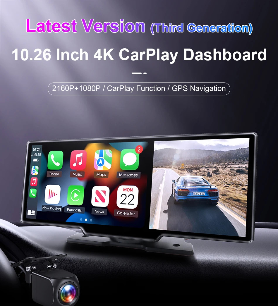 Jansite New 10.26” 4K Dashcam Wireless CarPlay Rearview Dual Lens DVR WiFi GPS