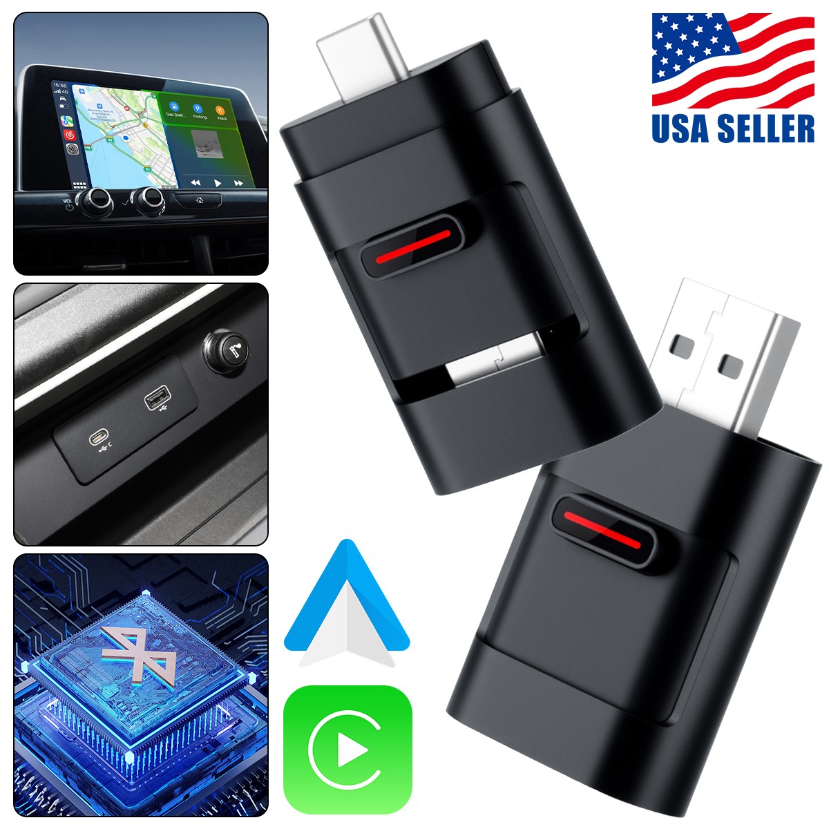 USB-C & USB-A Wireless CarPlay Android Auto Adapter 5G BT5.2 Plug Play OTA Mini