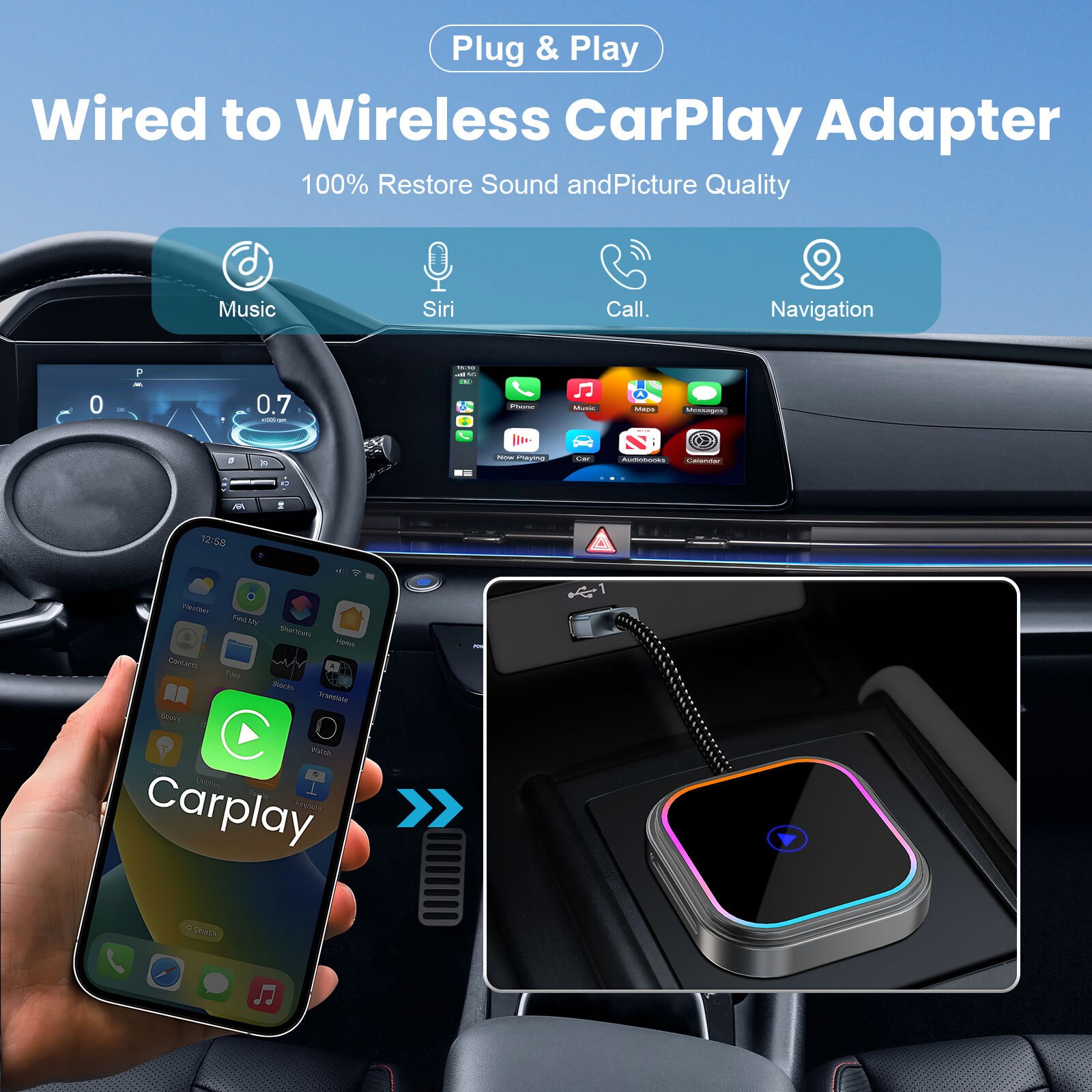 ✅2in 1 Wireless Apple CarPlay/Android Auto Adapter Dongle USB/Type C Plug & Play