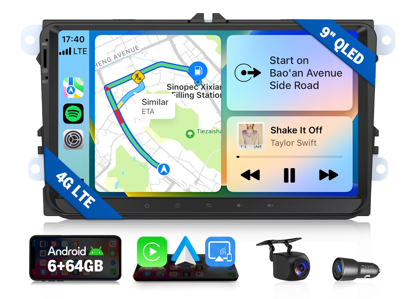 Android Auto 9″ QLED 6+64 for VW Tiguan SUV Car Stereo CarPlay In Dash Head Unit