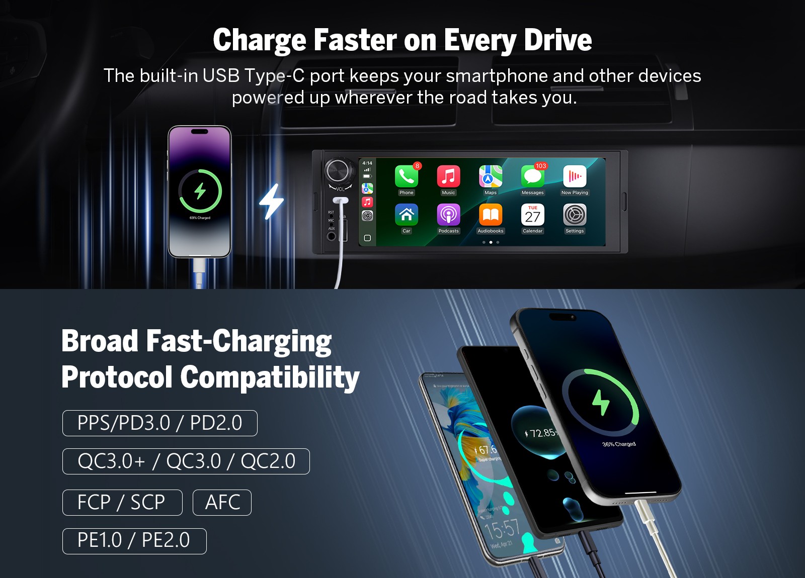 Wireless CarPlay Android Auto 1DIN 6.28″ Car Receiver Stereo Radio Bluetooth GPS