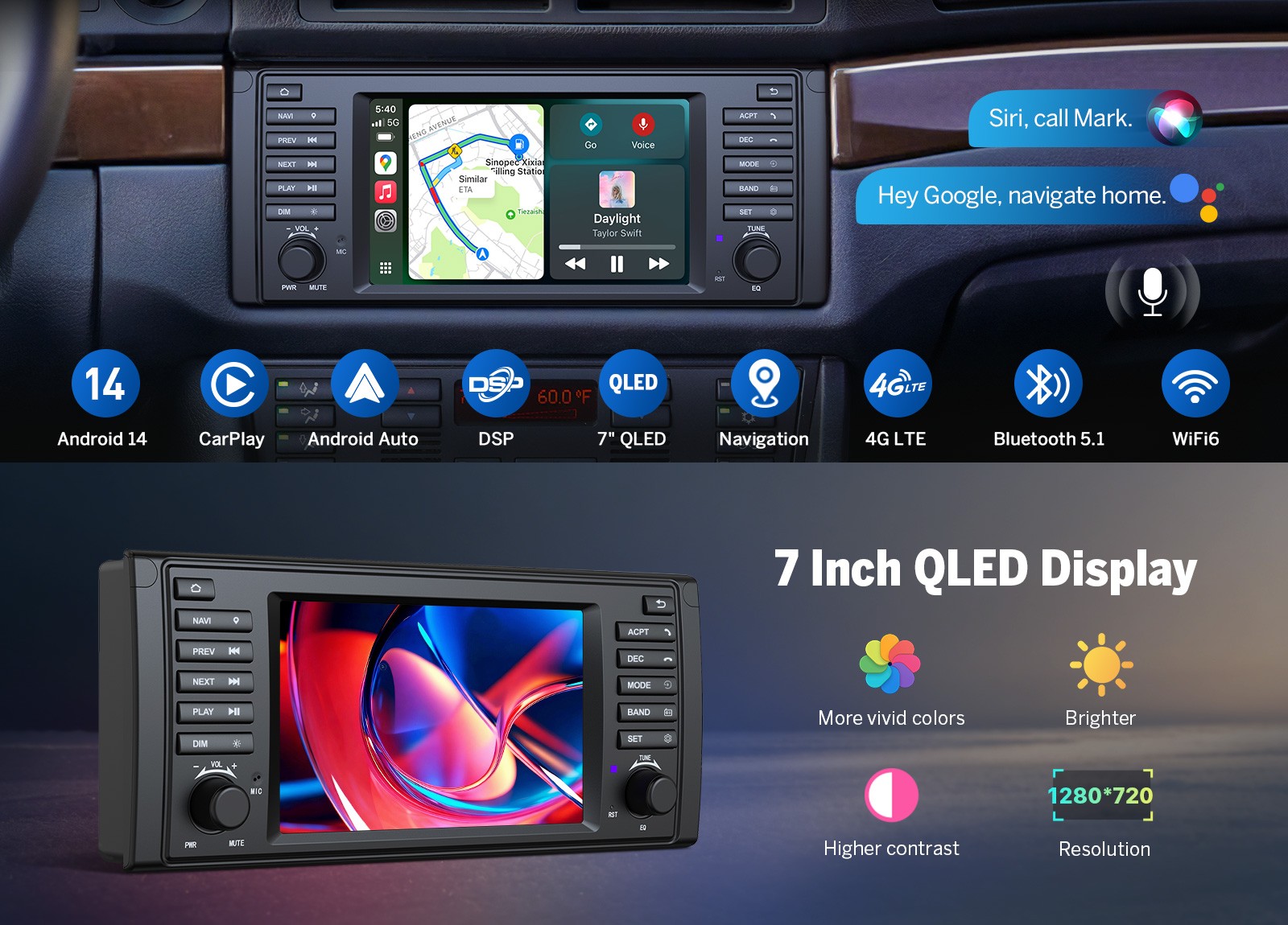 7″Android 14 Auto QLED 6+64 for BMW E39 528i 530i 1995-2003 Car Stereo GPS Radio