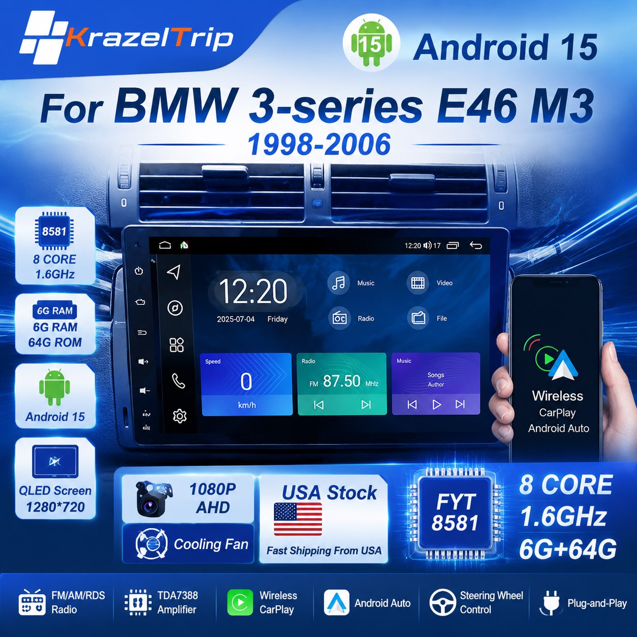 9 Inch Android 8 Core Car Radio for BMW 3-series E46 1998 – 2006 Carplay Stereo