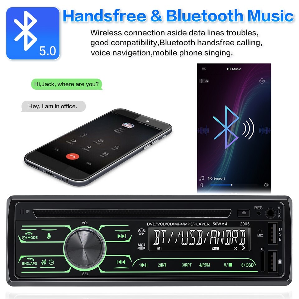 Bluetooth Car Stereo Receiver CD/DVD Player Radio Audio System Singl (FVS020794)