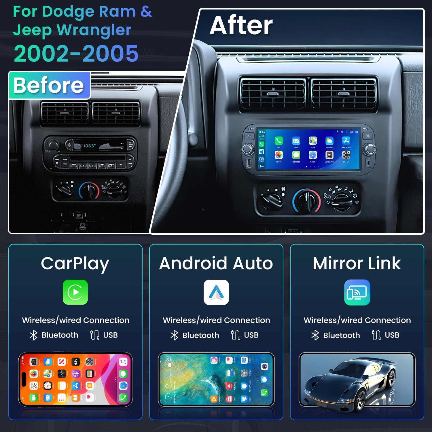 Android Auto Carplay Stereo Radio For Jeep Wrangler 003-2006 Dodge RAM 2002-2005