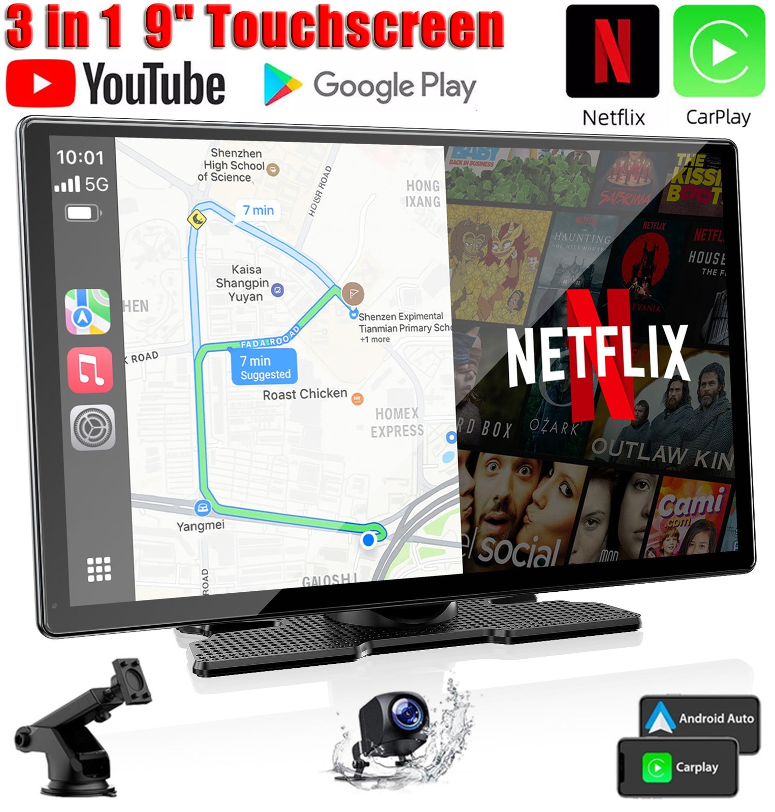9”Carplay Screen With Net-Flix YouTube Wireless Apple CarPlay Android Auto GPS